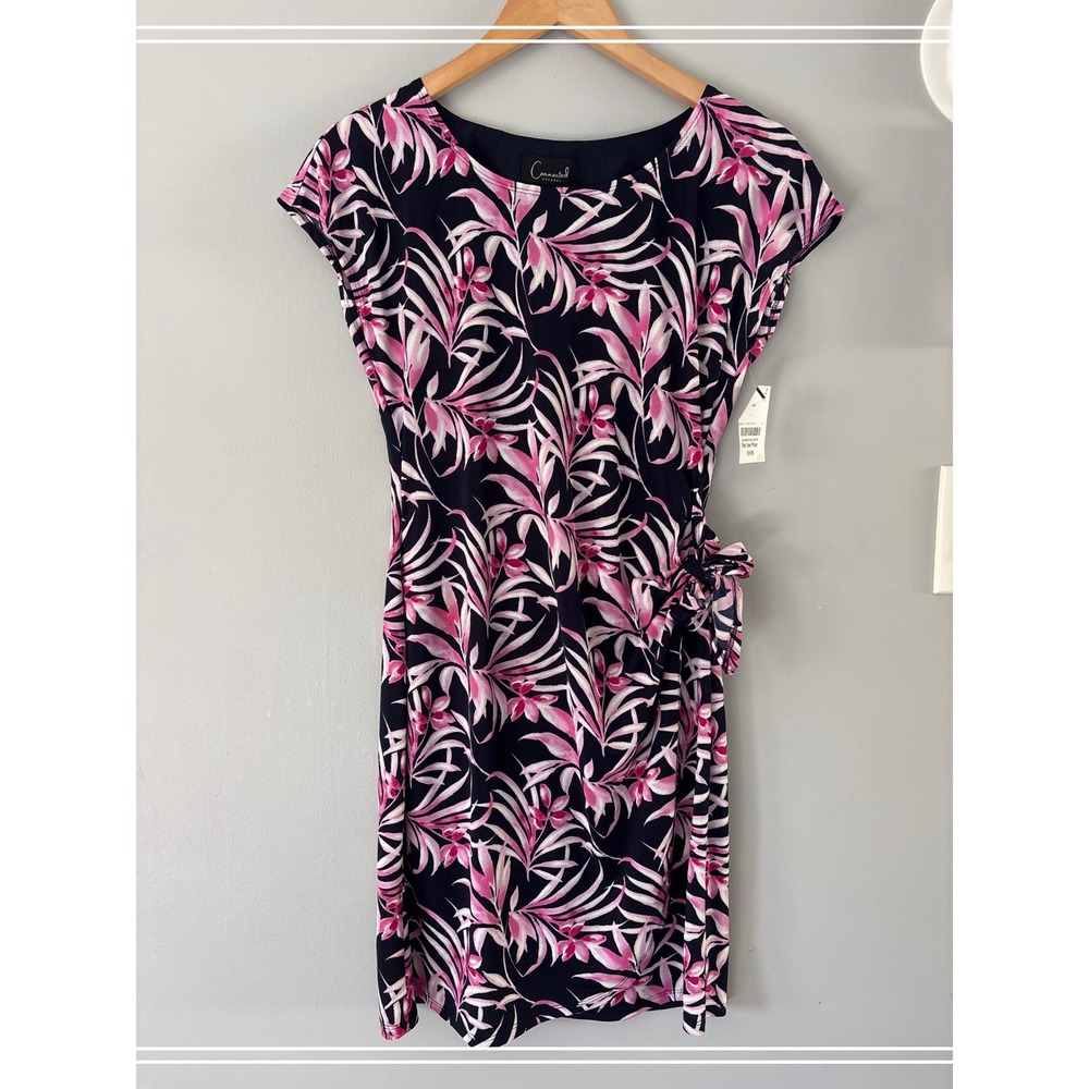 Connected Apparel Pink Navy Tropical Palm Sheath Faux Wrap Dress  Size 4